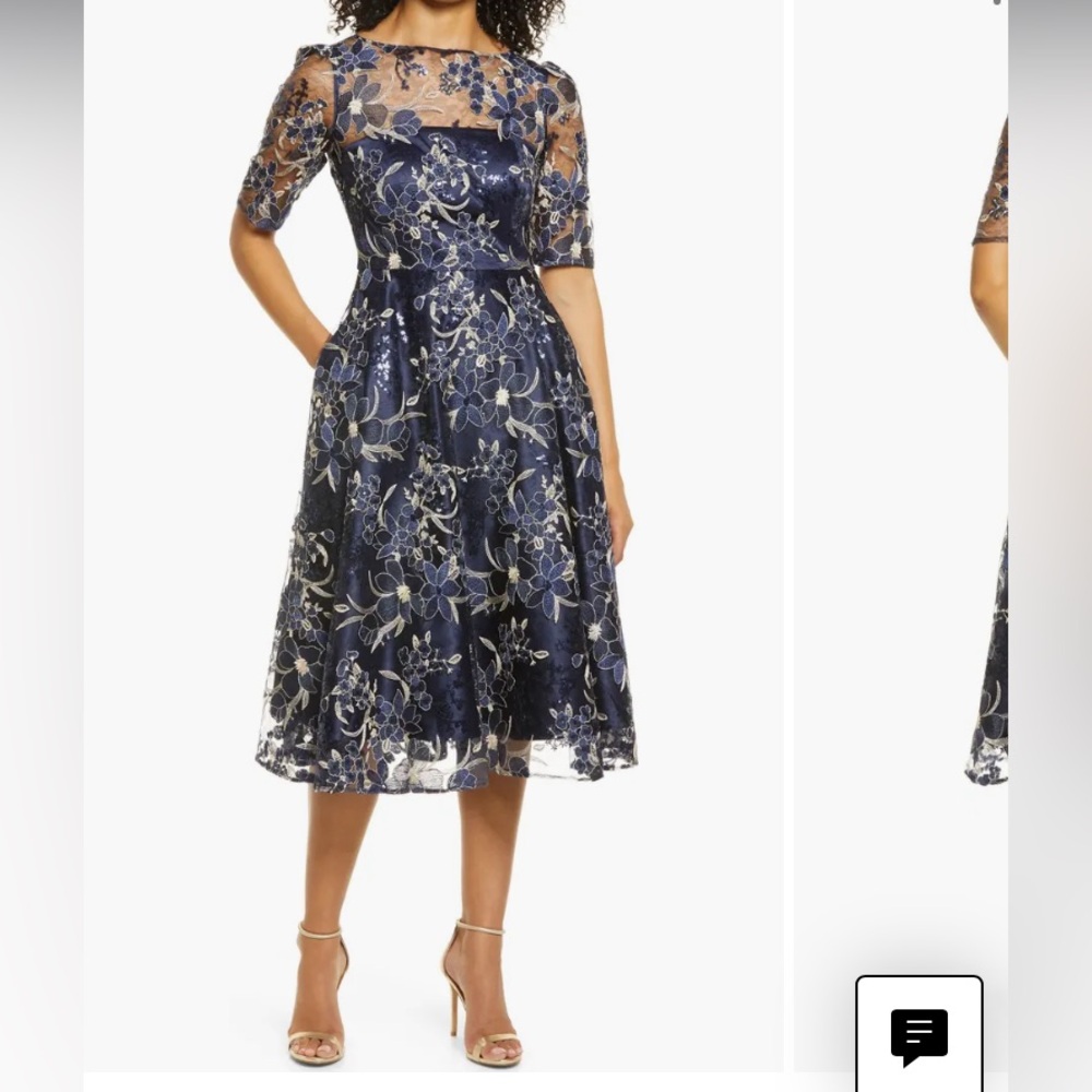 Eliza J Sequin Navy Cream Gold Floral Embroidery Fit & Flare Cocktail Midi Dress